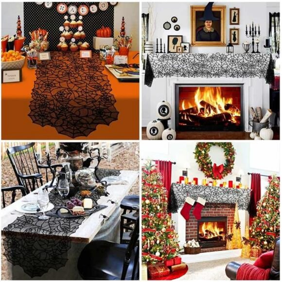 Halloween spider web lace table runner black 20x80 inch haunted house decor - Picture 7 of 8